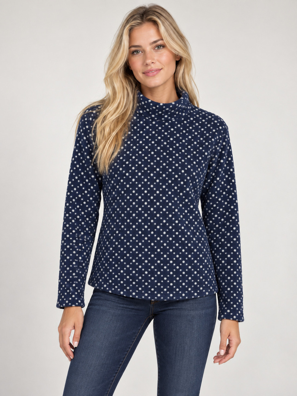 2/$30 Lands' End Navy White Polka Dot Fleece Pullover L #A6062